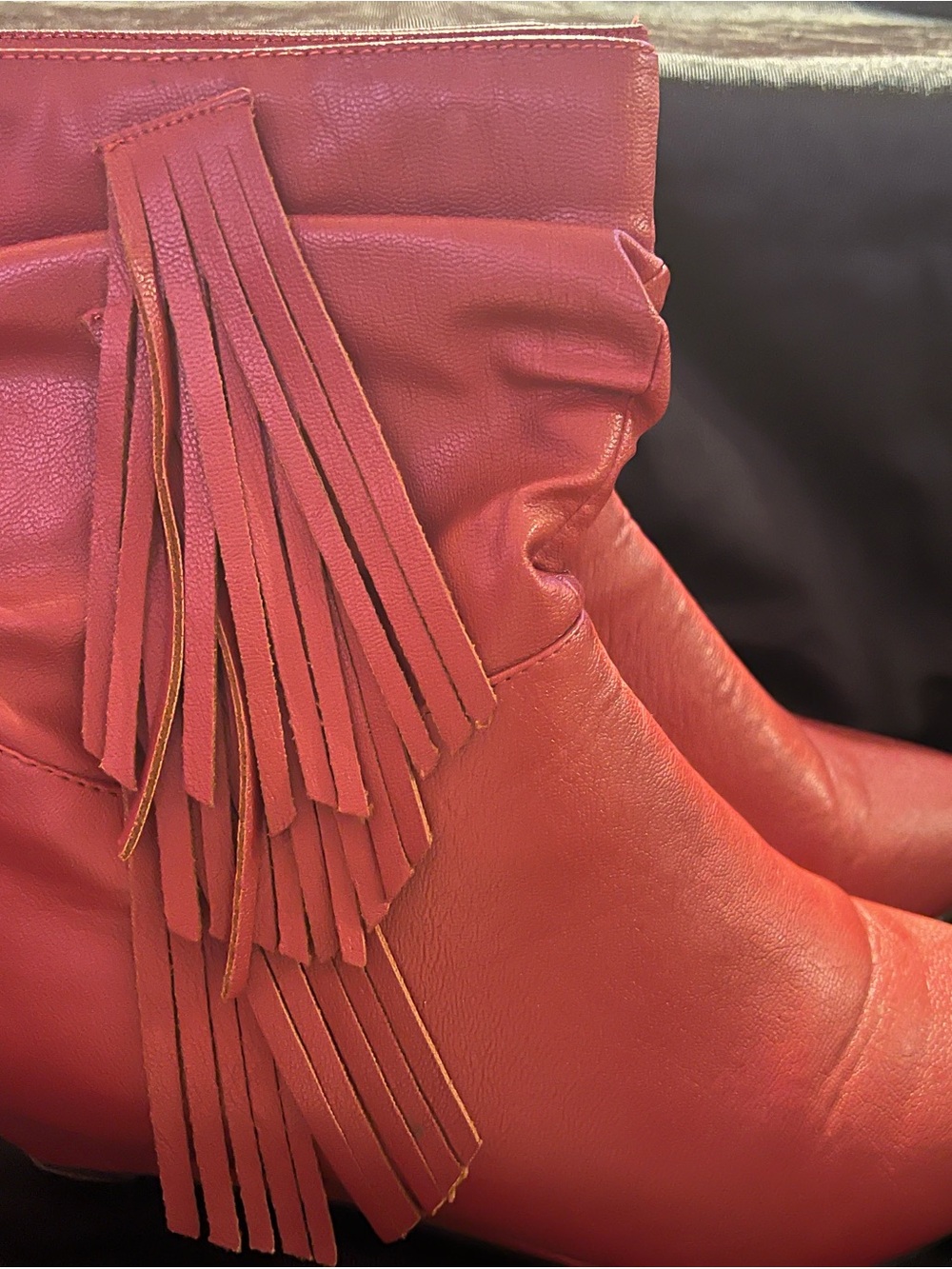 Women's Red Fringe Ankle Boots - Stylish Leather Look